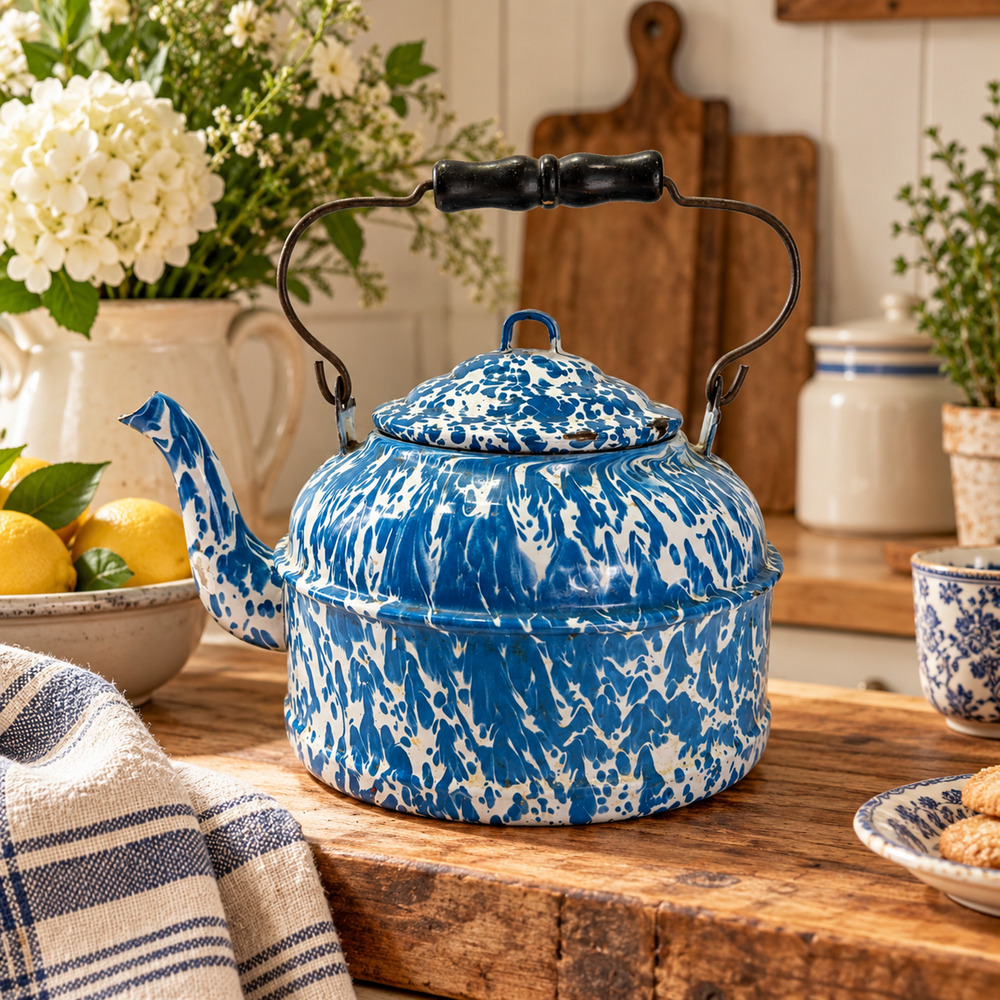 Vintage Blue White Splatterware Graniteware Enamel Tea Kettle